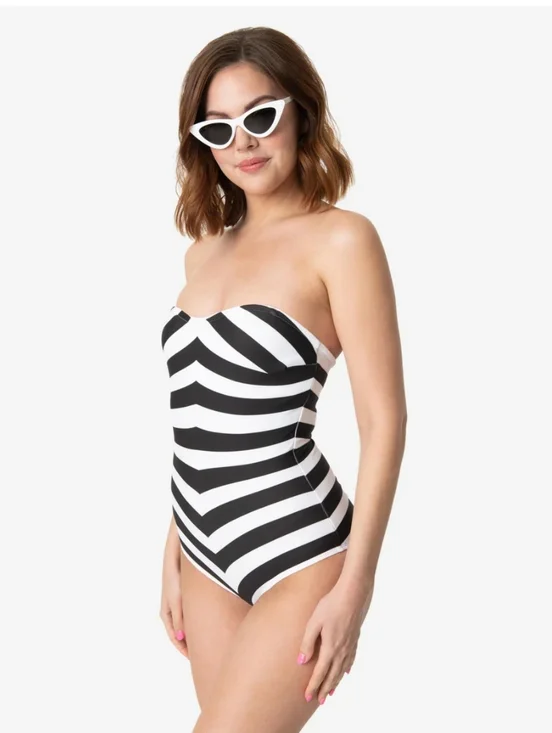 Barbie Unique Vintage Black & White Chevron Stripe One Piece Bathing Suit Sz XL - Picture 1 of 9